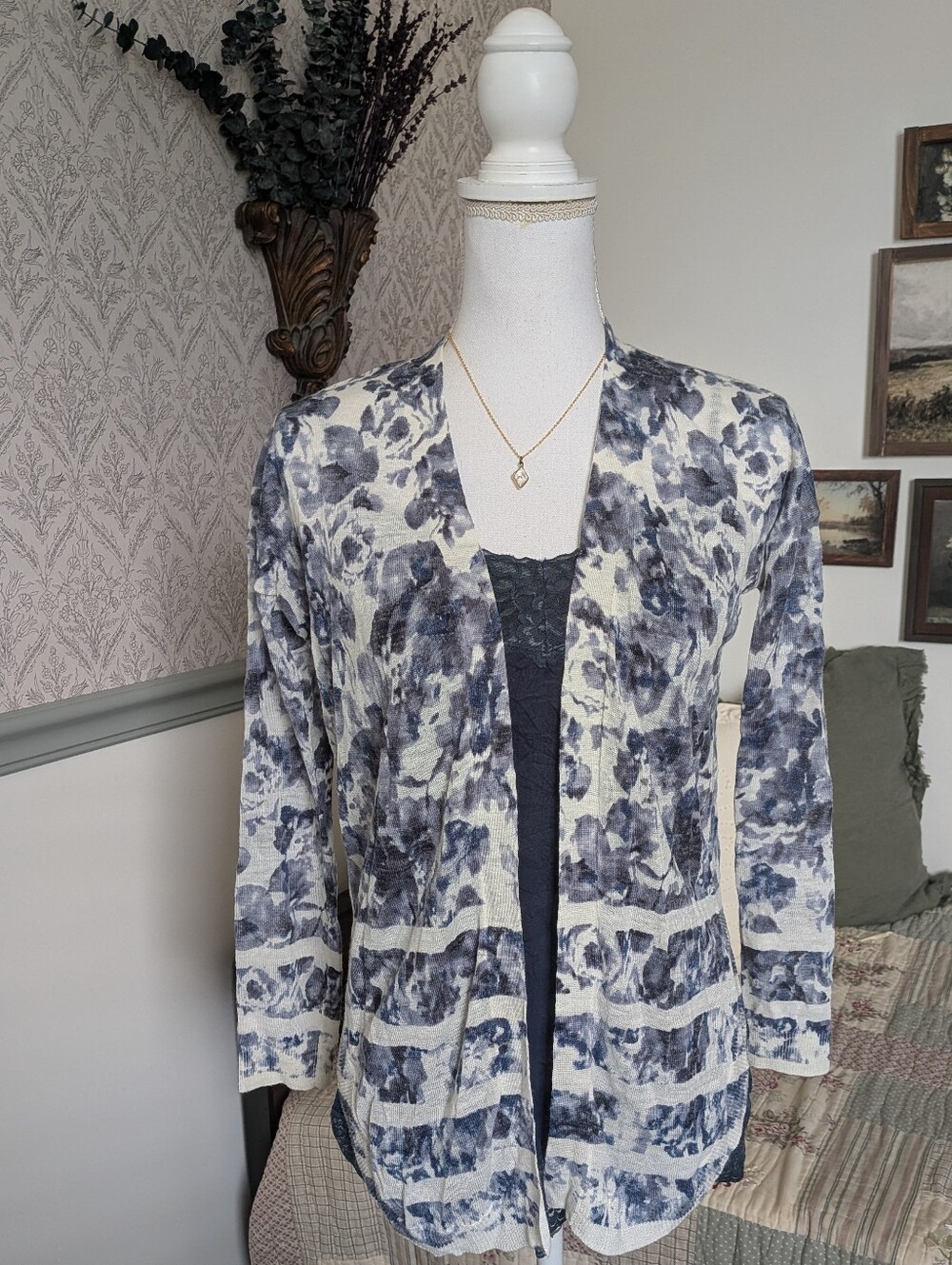 Marks & Spencer Blue Floral Draped Cardigan S Linen Blend